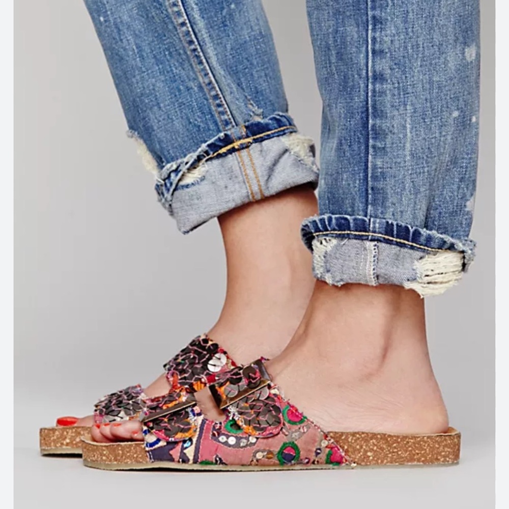 Free People Multicolor Floral Cork-Style Slide Sandals
